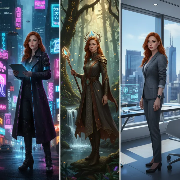 Same AI-generated character appearing consistently across three different scenes