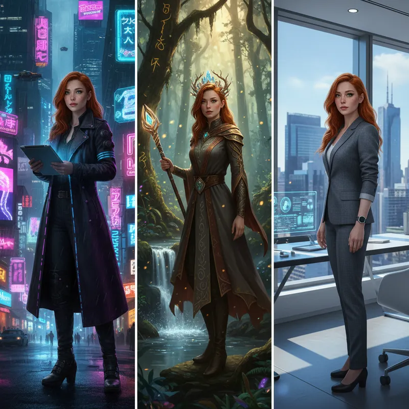 Same AI-generated character appearing consistently across three different scenes