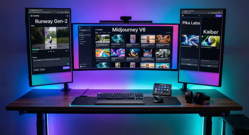 Multiple screens showing different AI video tools side by side on a modern desk