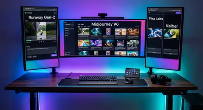 Multiple screens showing different AI video tools side by side on a modern desk