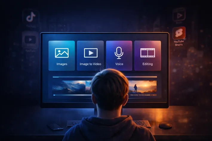 Beginner using AI video tool dashboard with images, voice, and editing panels