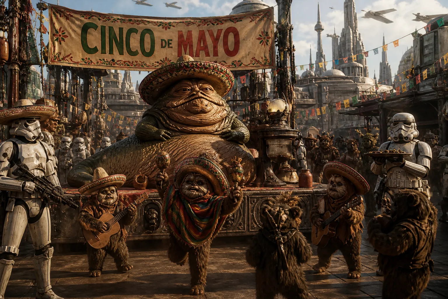 Stormtroopers and Ewoks dressed in sombreros parading through a Cinco de Mayo carnival on Coruscant, with Jabba the Hutt riding a decorated float beneath a Cinco de Mayo banner