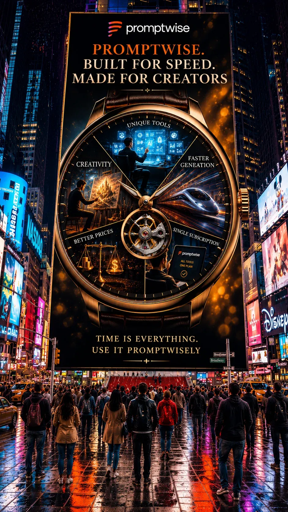 AI-generated PromptWise NYC ad submission by Nat Zlat for the Times Square Ad Challenge