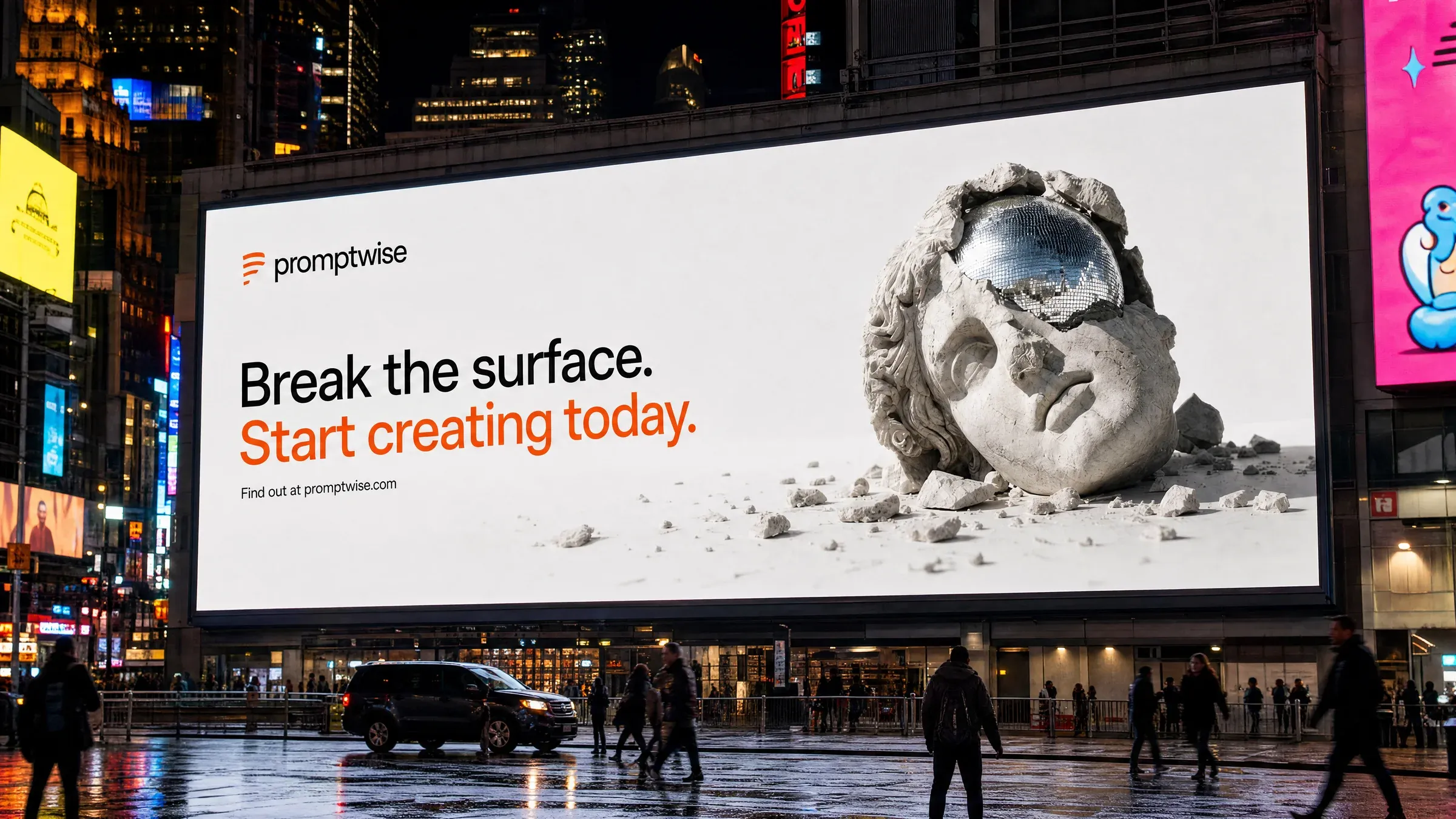 AI-generated PromptWise NYC ad submission by Filip Ribicic for the Times Square Ad Challenge