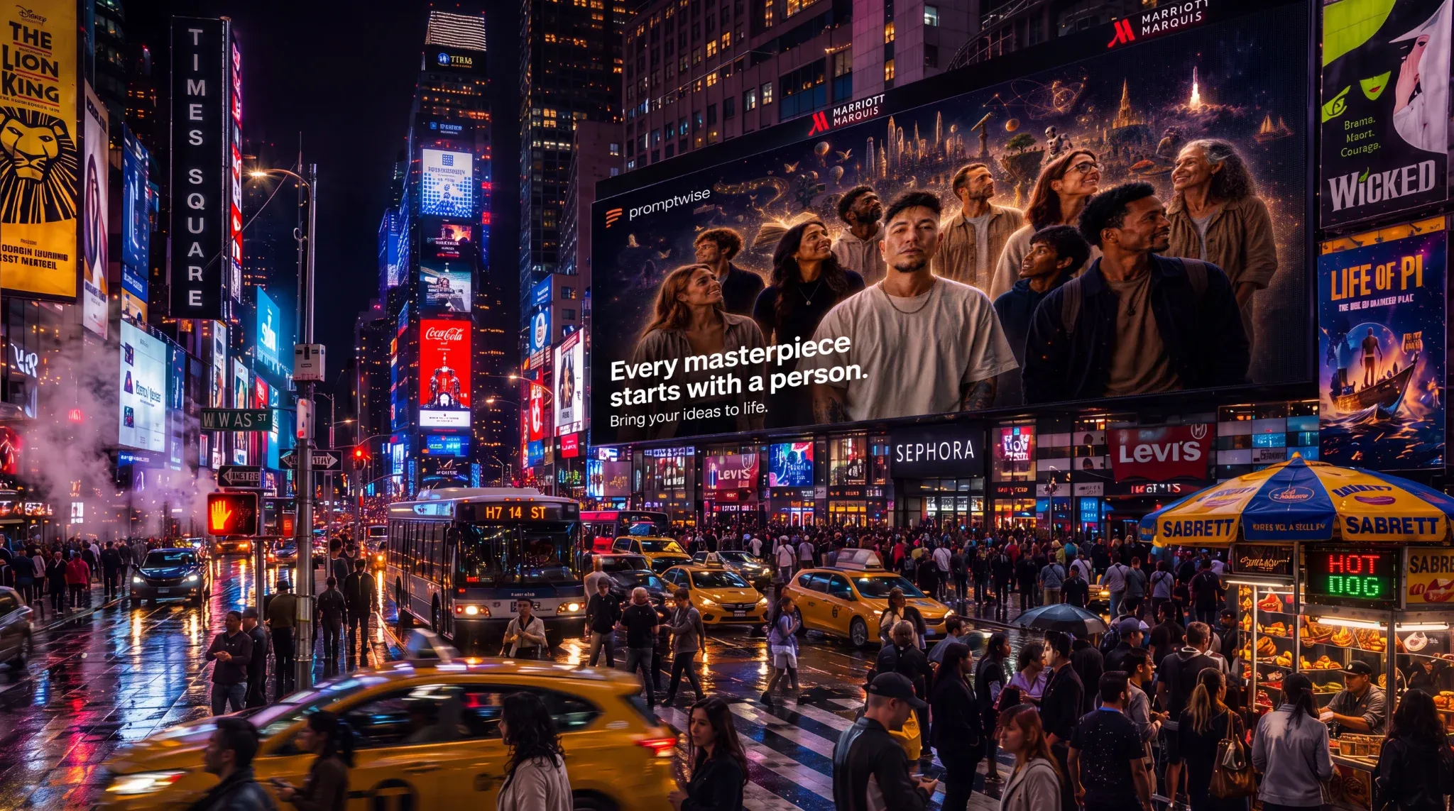 AI-generated PromptWise NYC ad submission by Javier Duarte-James for the Times Square Ad Challenge