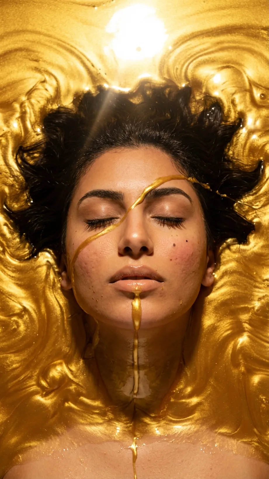 Editorial portrait of a Middle Eastern woman submerged in liquid honey-gold with closed eyes and gold streaming over her face and lips, overhead key light creating a corona around her hair