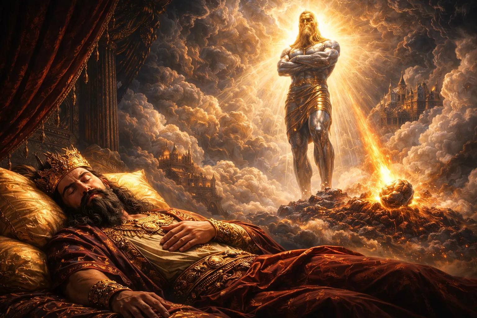 Religious fantasy painting of a crowned bearded king sleeping in a red velvet bed in clouds beside a glowing golden god-like statue with rays of light descending toward earth and a distant castle