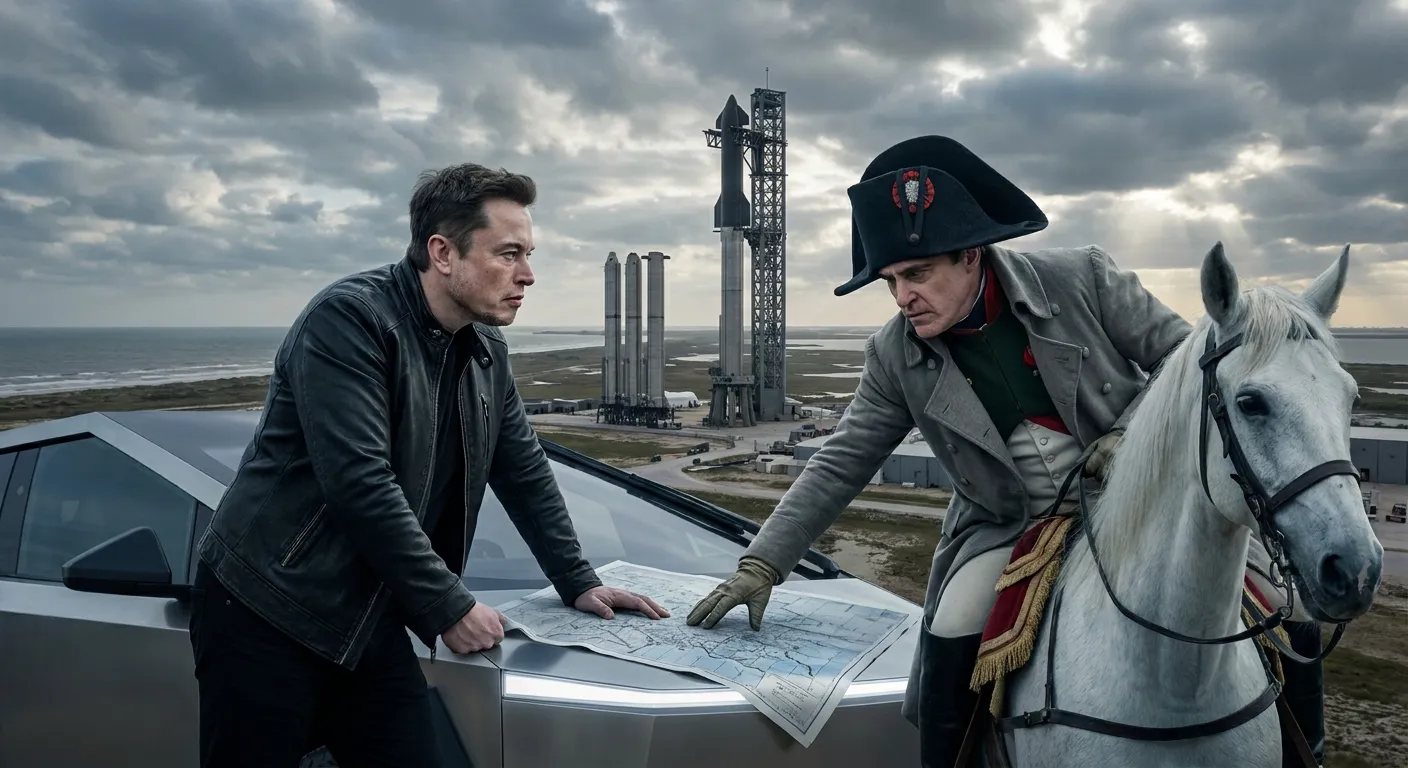 Photoreal Elon Musk leaning over a Cybertruck bonnet examining battle maps with Napoleon Bonaparte on horseback beside him, SpaceX Starship rockets towering in the cloudy distance