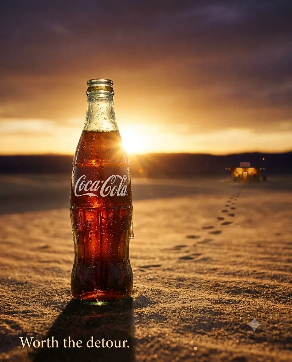 AI-generated Coca-Cola product advertisement by Check Geronimo, submitted to Day 1 of the AI Video Bootcamp $700 7-Day Product Image Challenge