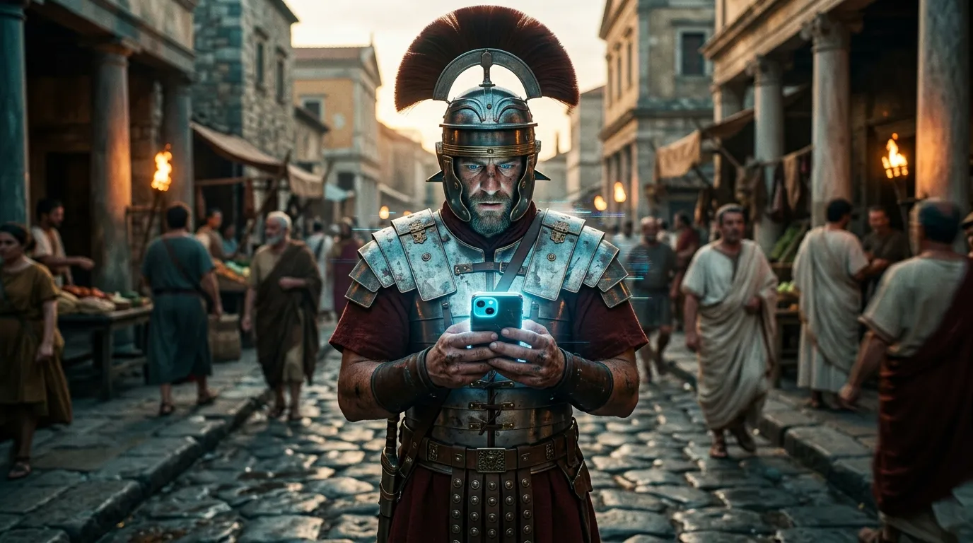 Roman legionary in red-plumed helmet and silver chest armour staring at a glowing iPhone with both hands on a cobblestone Roman street, togaed citizens and market stalls behind him