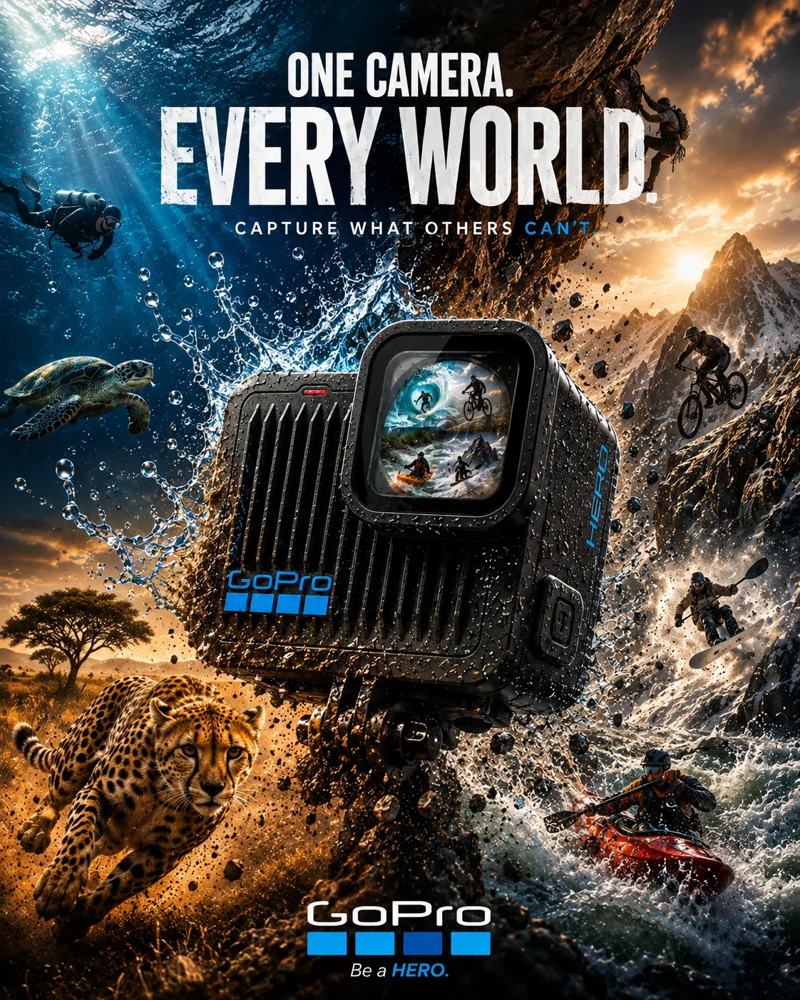 AI-generated GoPro product advertisement by Alaba Owotuyi, submitted to Day 3 of the AI Video Bootcamp $700 7-Day Product Image Challenge