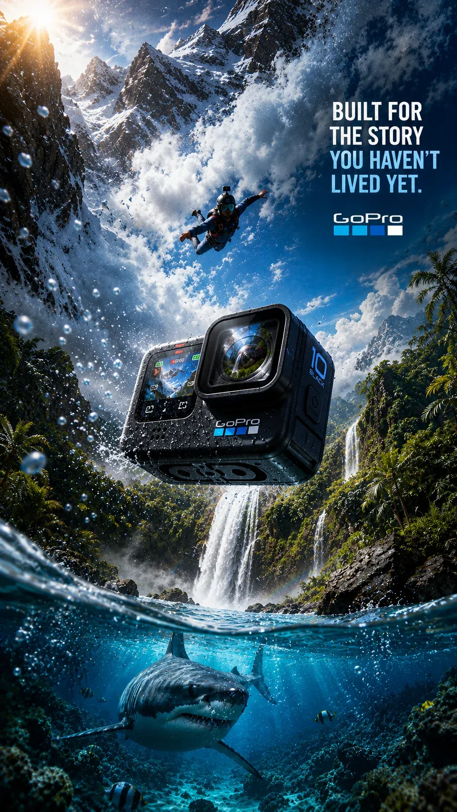 AI-generated GoPro product advertisement by Erick Hernandez, submitted to Day 3 of the AI Video Bootcamp $700 7-Day Product Image Challenge