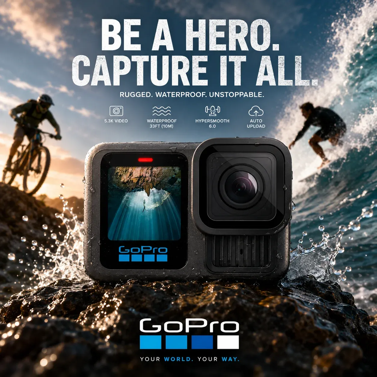 AI-generated GoPro product advertisement by Karina Barrie, submitted to Day 3 of the AI Video Bootcamp $700 7-Day Product Image Challenge