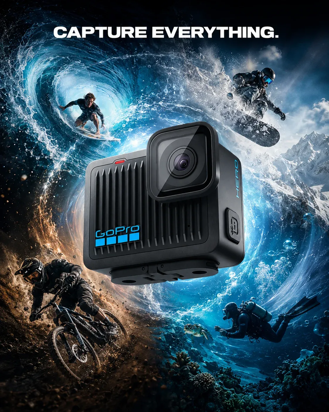 AI-generated GoPro product advertisement by Mourad Achour, submitted to Day 3 of the AI Video Bootcamp $700 7-Day Product Image Challenge