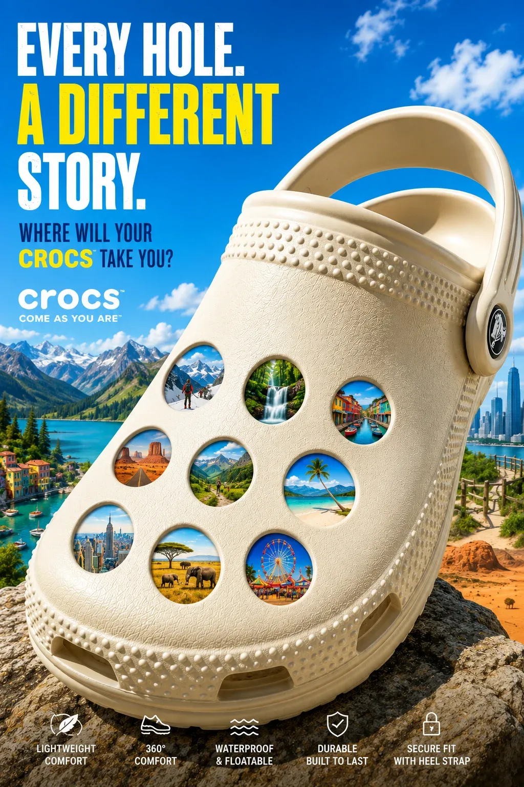 AI-generated Crocs product advertisement by Mary Kumax, submitted to Day 4 of the AI Video Bootcamp $700 7-Day Product Image Challenge