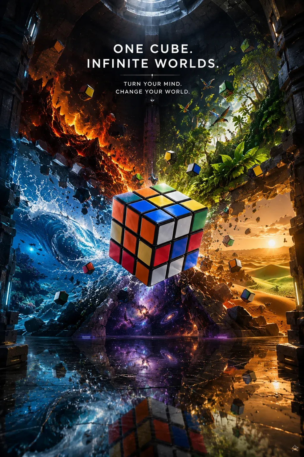 AI-generated Rubik's Cube product advertisement by Alaba Owotuyi, submitted to Day 5 of the AI Video Bootcamp $700 7-Day Product Image Challenge