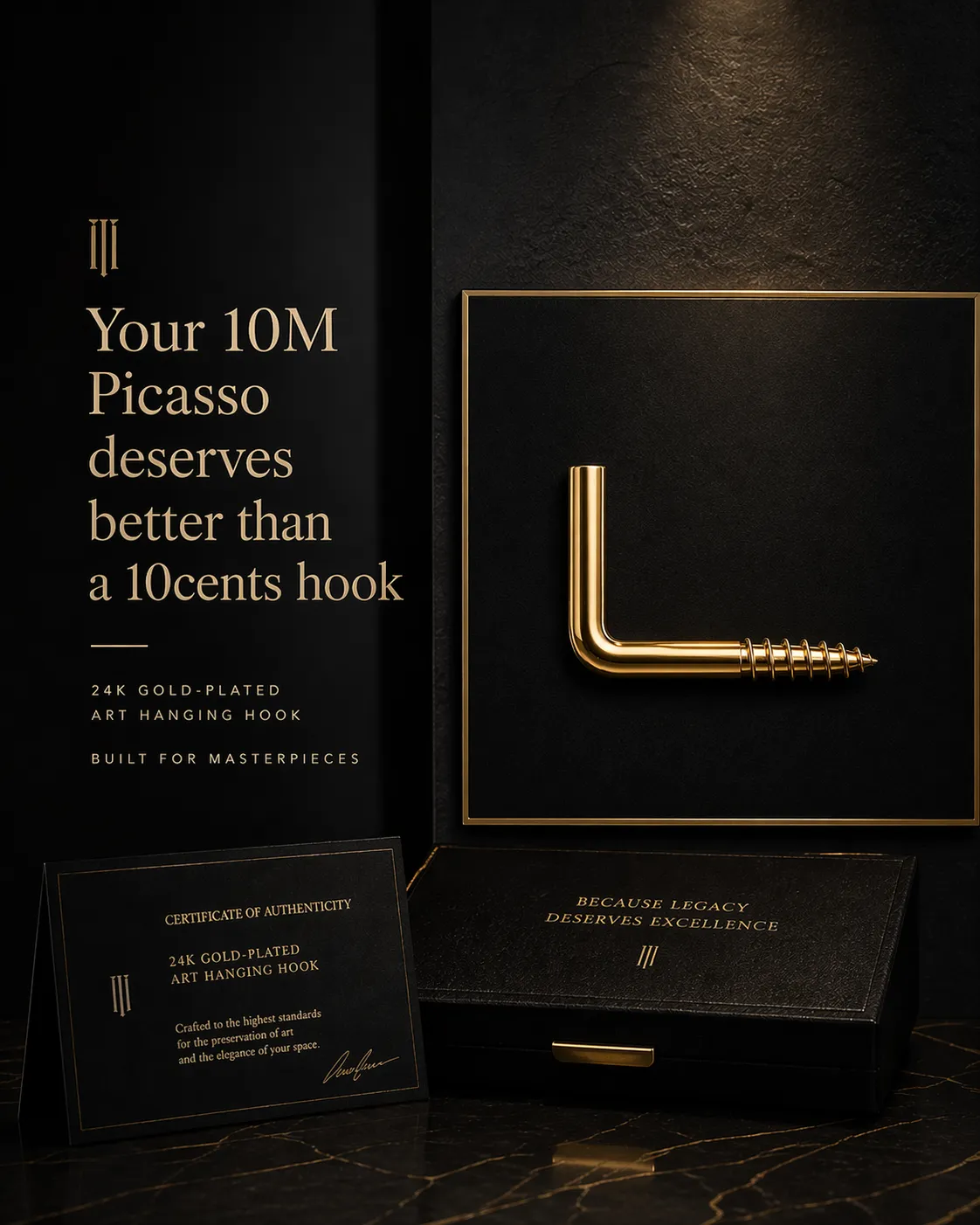 Minimal luxury advert for a 24k gold-plated art hanging hook on a black velvet platform, gold-foil text reading Your 10M Picasso deserves better than a 10 cents hook, mock certificate of authenticity beside it