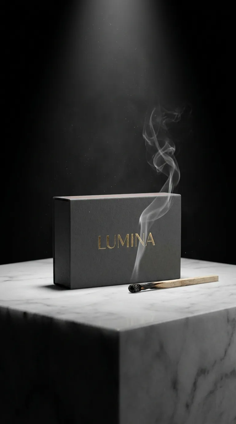 Luxury black product box labelled Lumina on a white marble plinth with a single matchstick burning beside it and a curling wisp of smoke against a dark spotlit studio backdrop