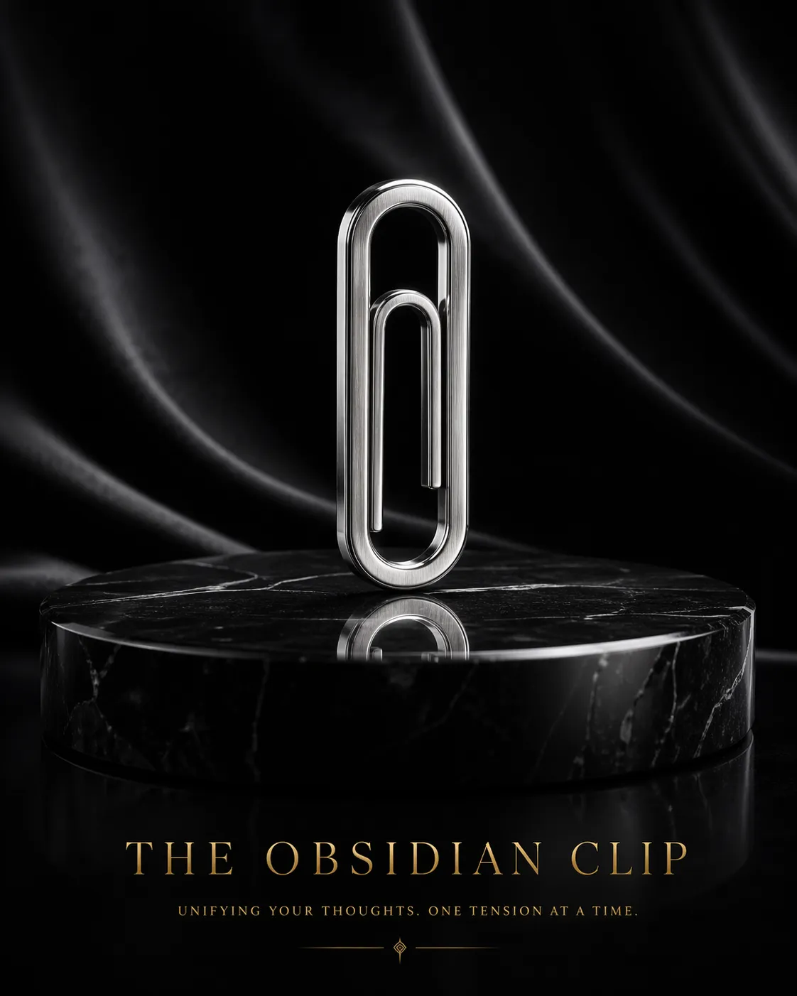 Minimalist luxury advert for The Obsidian Clip - a polished silver paper clip standing upright on a black marble pedestal against a flowing black silk backdrop, gold tagline Unifying your thoughts