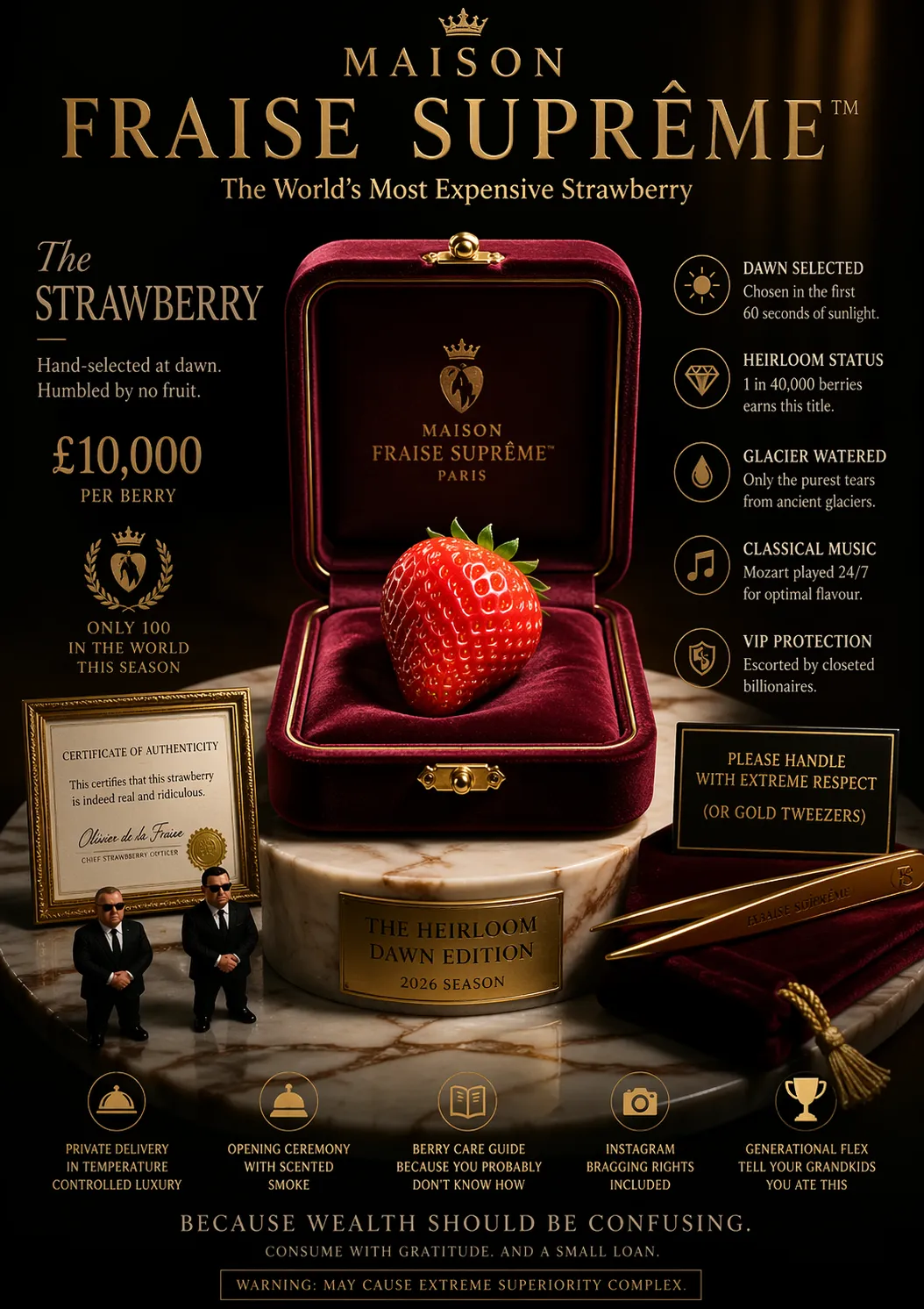 Mock luxury advert Maison Fraise Supreme - The Worlds Most Expensive Strawberry, single strawberry in a red velvet jewellery box with crest, listed at 10,000 pounds per berry with heritage notes