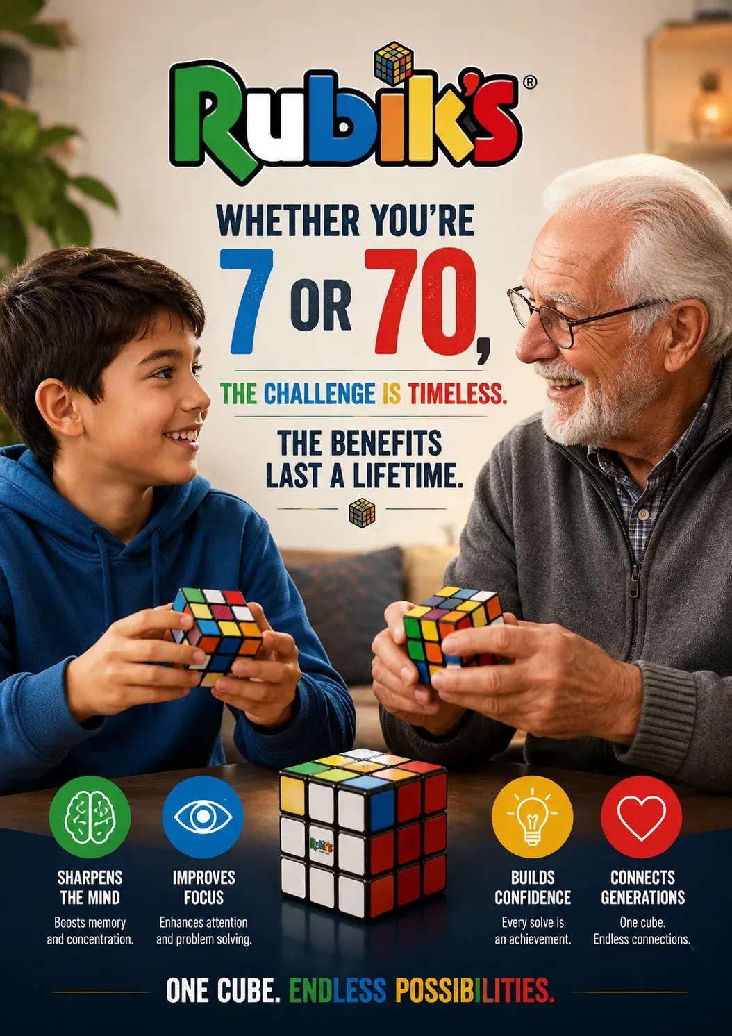 AI-generated Rubik's Cube product advertisement by Masooma Tamim, submitted to Day 5 of the AI Video Bootcamp $700 7-Day Product Image Challenge