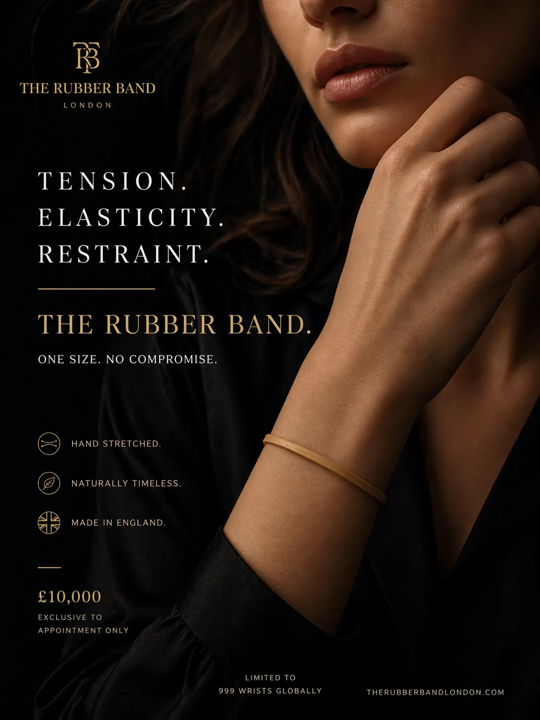 Luxury fashion advert mockup for The Rubber Band London - a single thin rubber band on a womans wrist, headlines Tension Elasticity Restraint and 10,000 pound limited edition