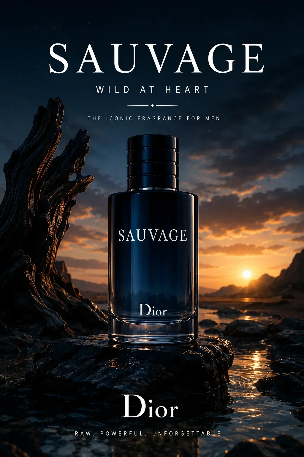 AI-generated Dior Sauvage product advertisement by Alaba Owotuyi, submitted to Day 6 of the AI Video Bootcamp $700 7-Day Product Image Challenge