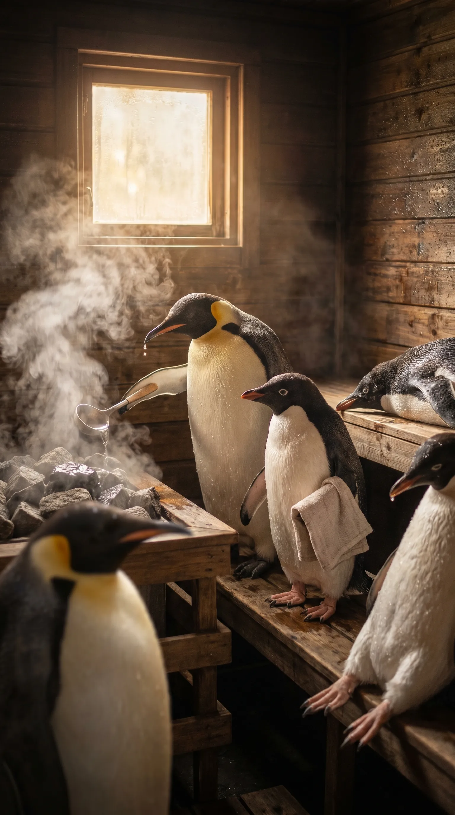 Group of emperor and Adelie penguins relaxing inside a wooden Finnish-style sauna, steam rising from hot rocks as one penguin ladles water onto the heated stones