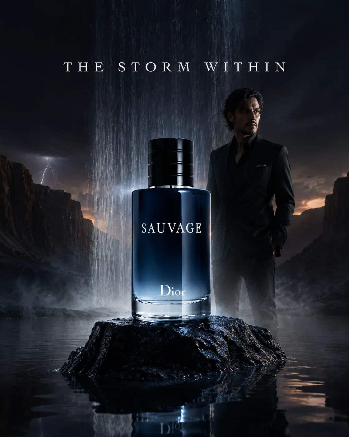 AI-generated Dior Sauvage product advertisement by Keshay B, submitted to Day 6 of the AI Video Bootcamp $700 7-Day Product Image Challenge