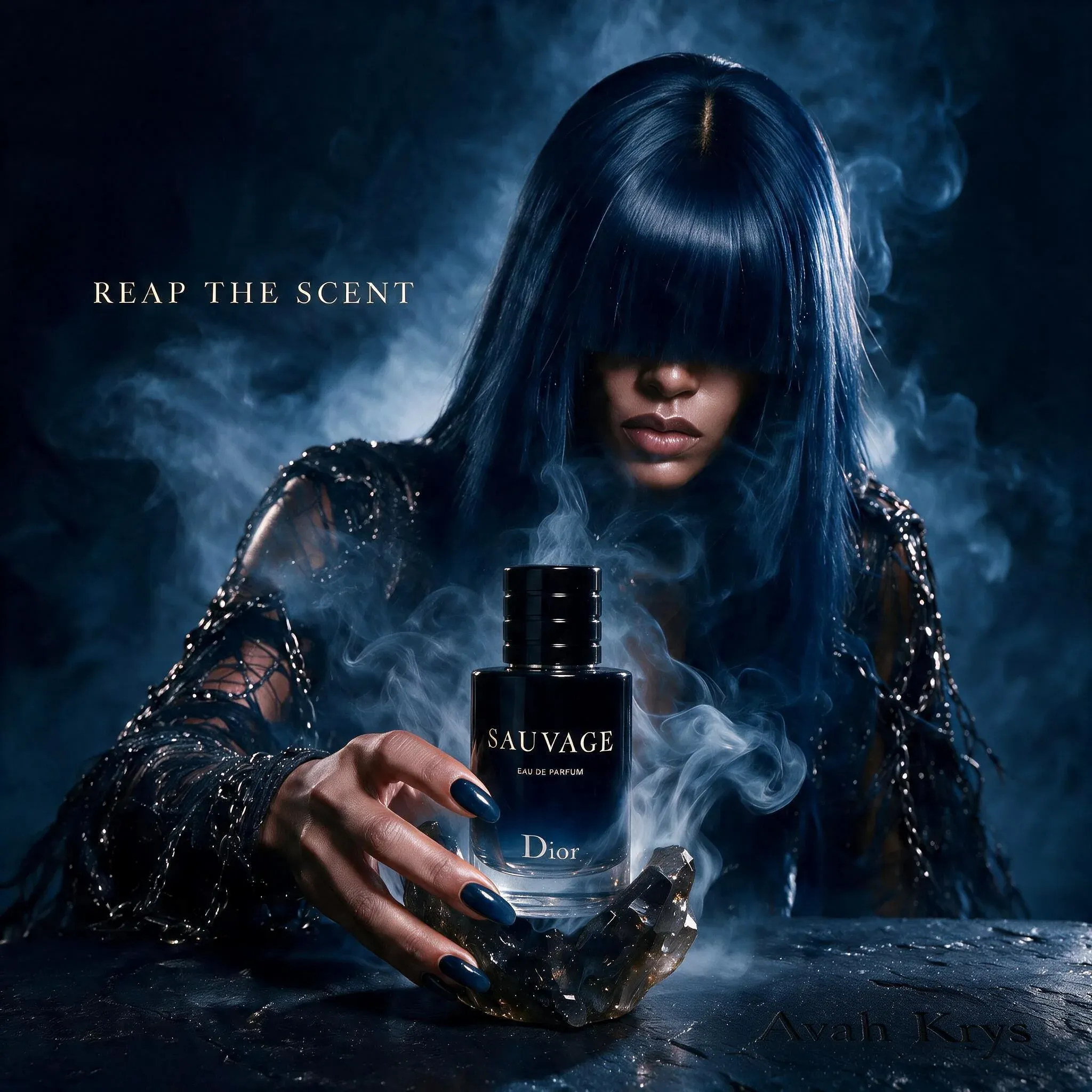 AI-generated Dior Sauvage product advertisement by Mlle Krys, submitted to Day 6 of the AI Video Bootcamp $700 7-Day Product Image Challenge