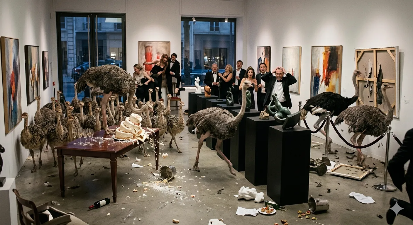 Formal art gallery opening in chaos as a stampede of ostriches knocks over wine glasses and pedestals while well-dressed gallery-goers cower against the white walls, paintings still on display