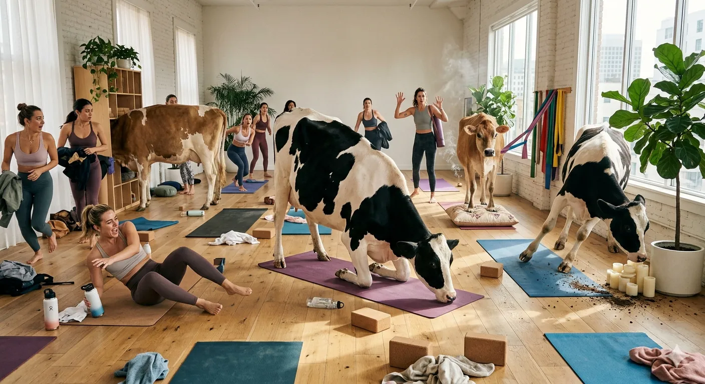 Bright modern yoga studio with multiple Holstein and brown cows standing on yoga mats among female students mid-pose, sunlight streaming through tall windows over wooden floor