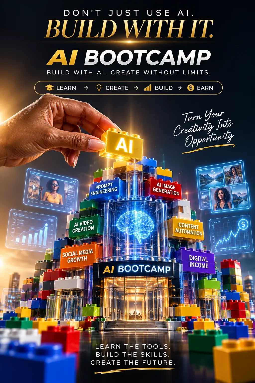 AI-generated LEGO product advertisement by Alaba Owotuyi, submitted to Day 7 of the AI Video Bootcamp $700 7-Day Product Image Challenge
