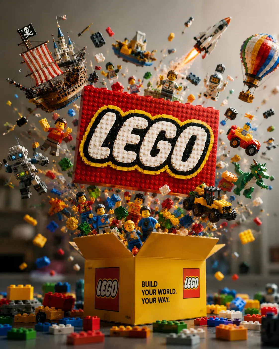 AI-generated LEGO product advertisement by Aleksandra Dichevska, submitted to Day 7 of the AI Video Bootcamp $700 7-Day Product Image Challenge