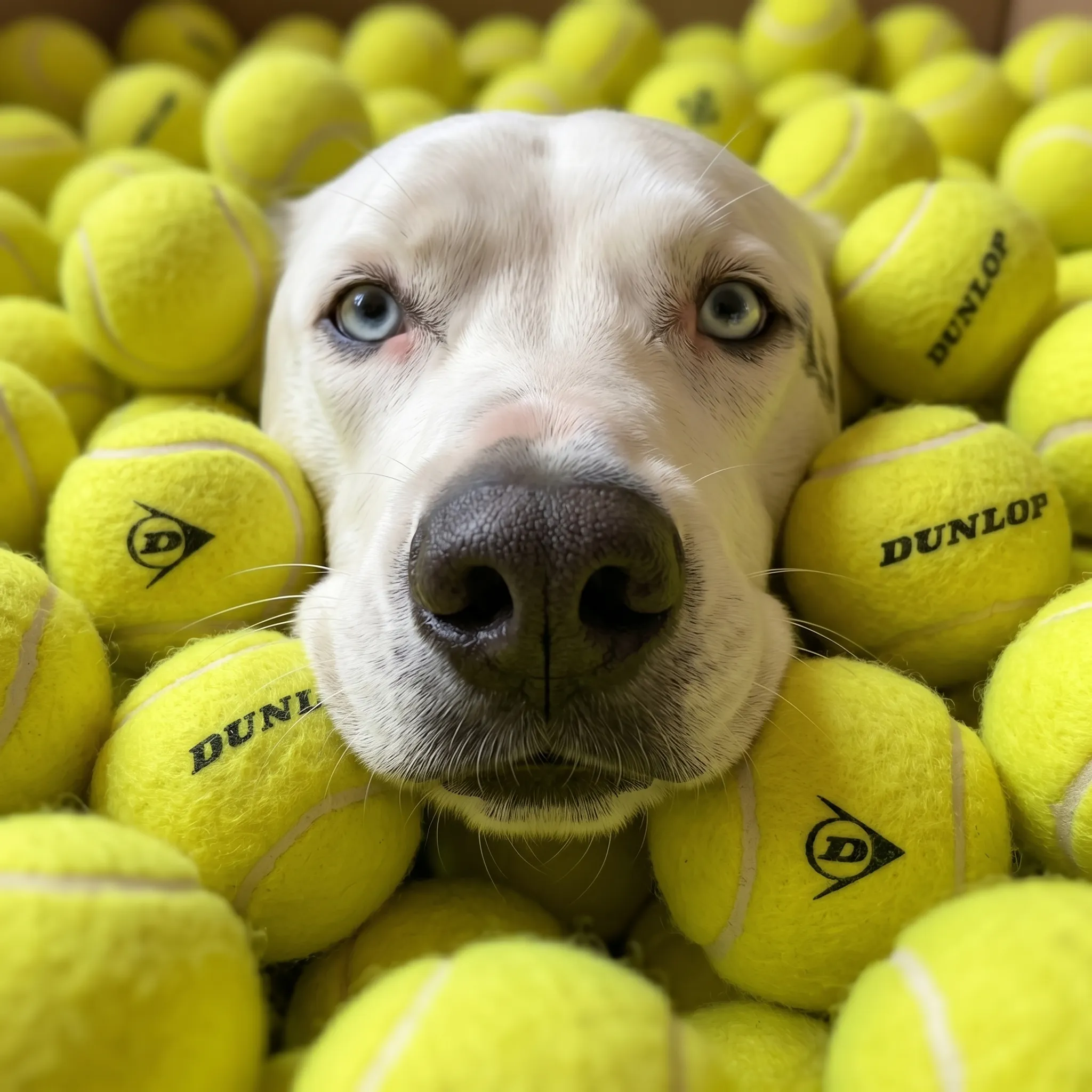 Close-up photoreal portrait of a white Labrador face peeking out from a pile of yellow Dunlop tennis balls, ears flat and eyes wide