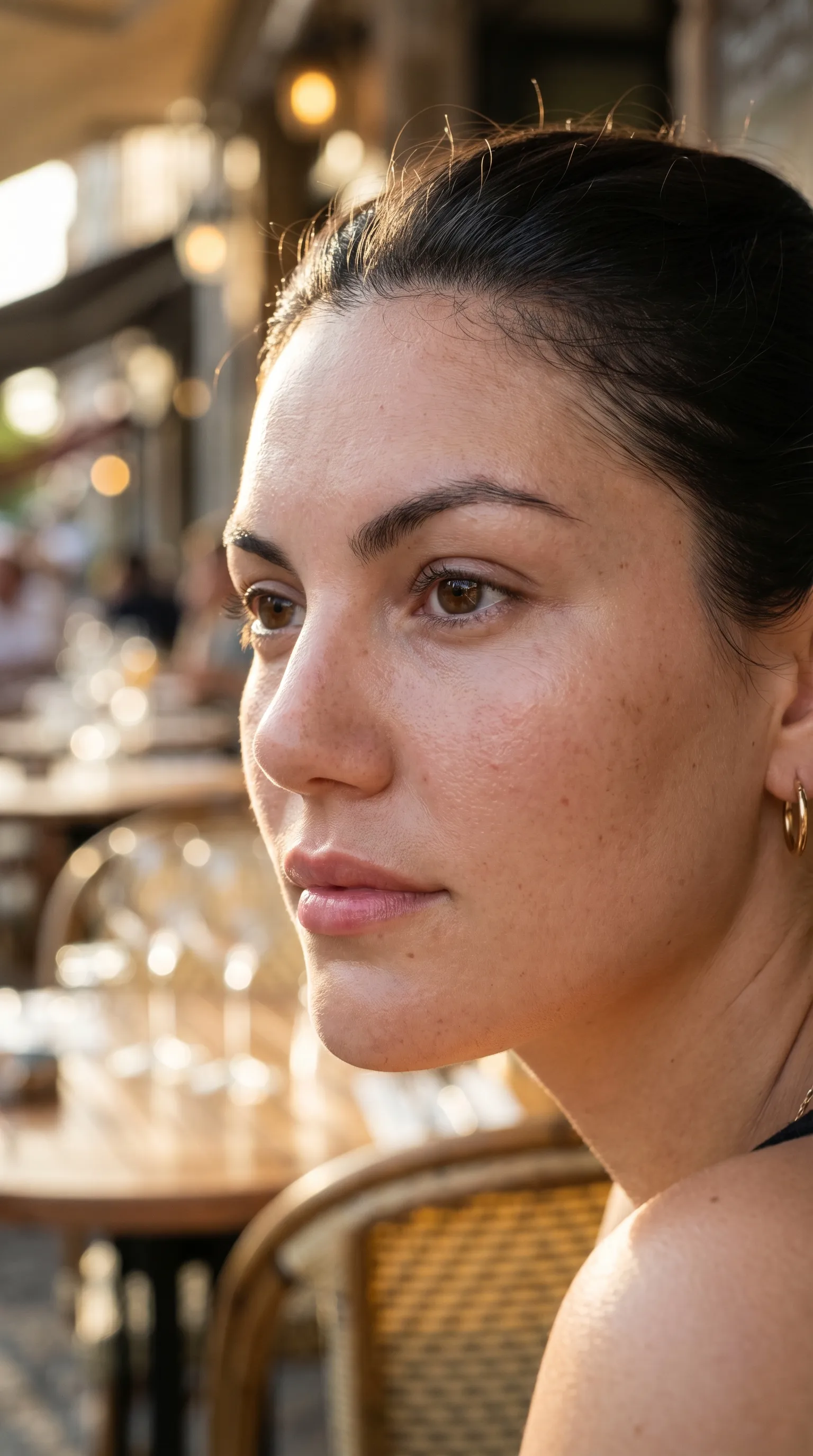 Golden hour photoreal close-up portrait of a young dark-haired woman with freckles wearing a halter top in a Parisian-style cafe terrace, soft string lights bokeh behind