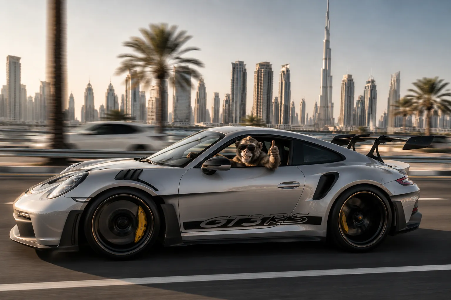 Photoreal chimpanzee waving with one hand from the driver seat of a silver Porsche 911 GT3 RS speeding down a Dubai highway with palm trees and the Burj Khalifa in the background