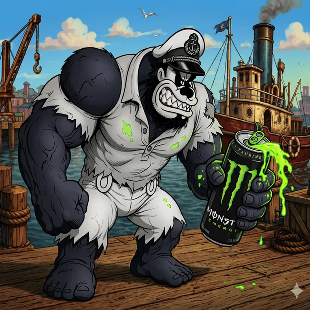 Stylised cartoon poster of a muscular gray gorilla in a white sailor cap and apron holding a green Monster Energy can on a harbour dock with tugboats behind