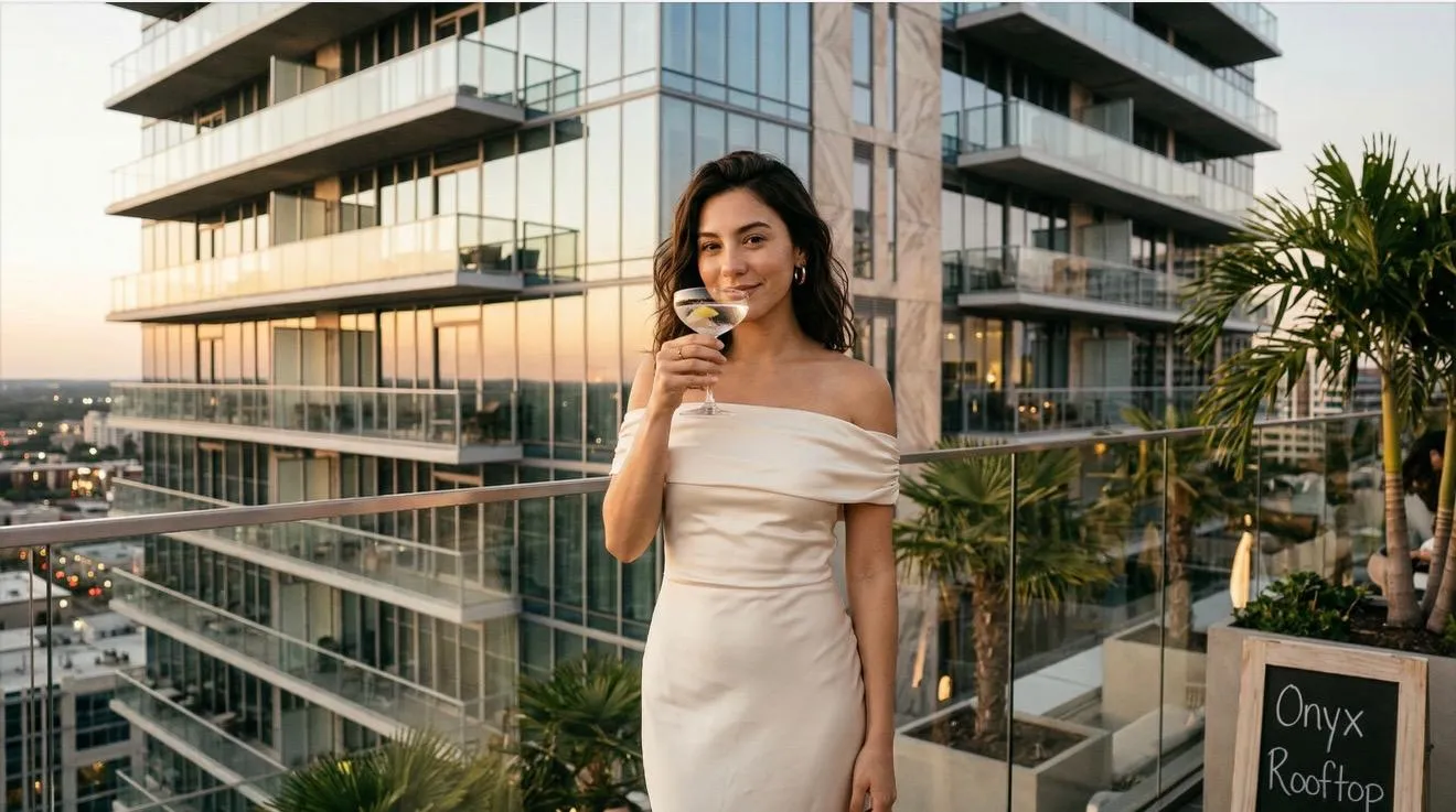 Photoreal portrait of a smiling brunette in a white off-shoulder dress holding a martini at the Onyx Rooftop bar with a glass tower cityscape and palm planters at golden hour