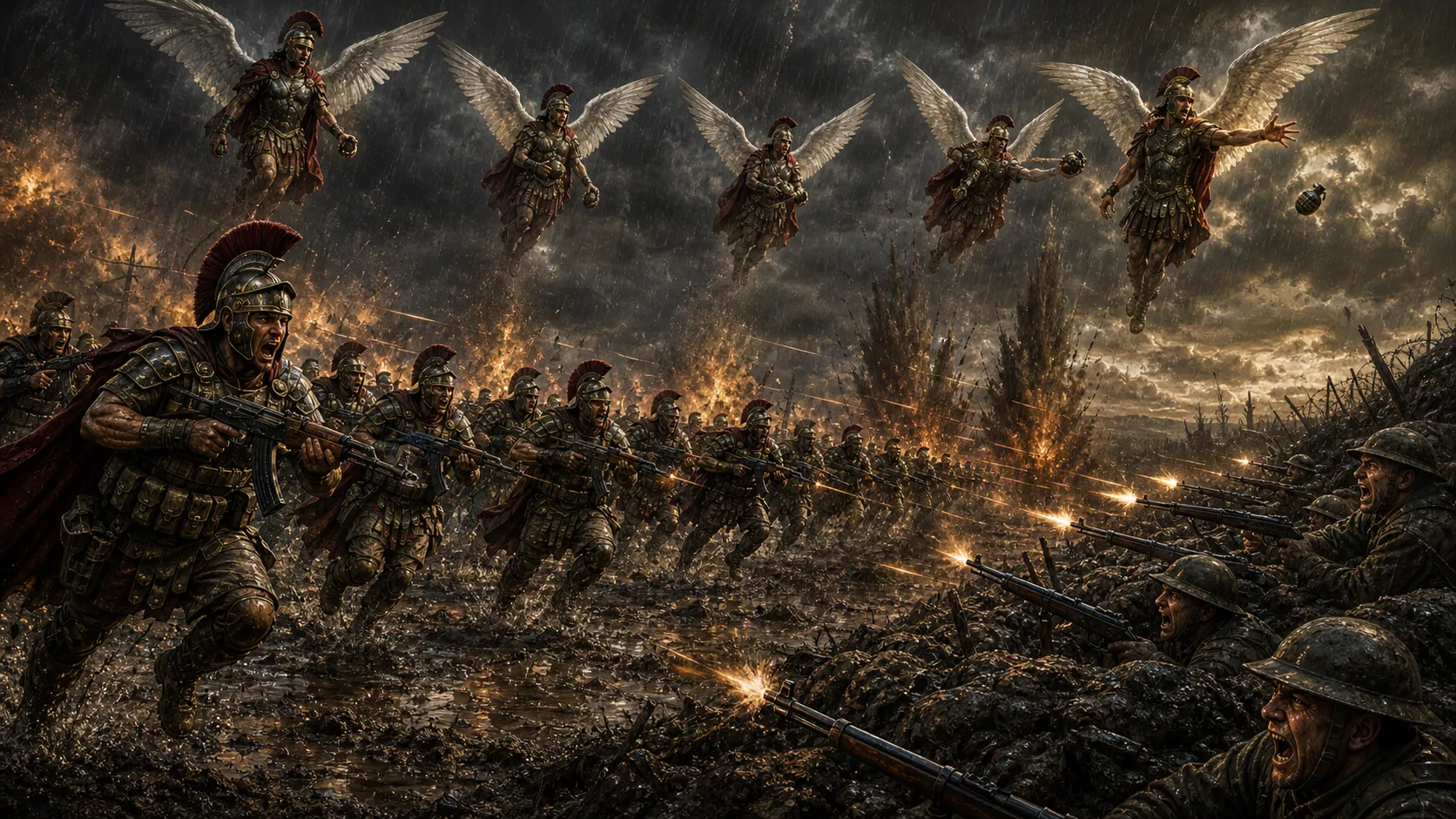 Dark fantasy battle scene mixing eras - Roman legionaries clash with WWI-helmeted soldiers in trenches while winged angels with armour and swords hover above the burning battlefield