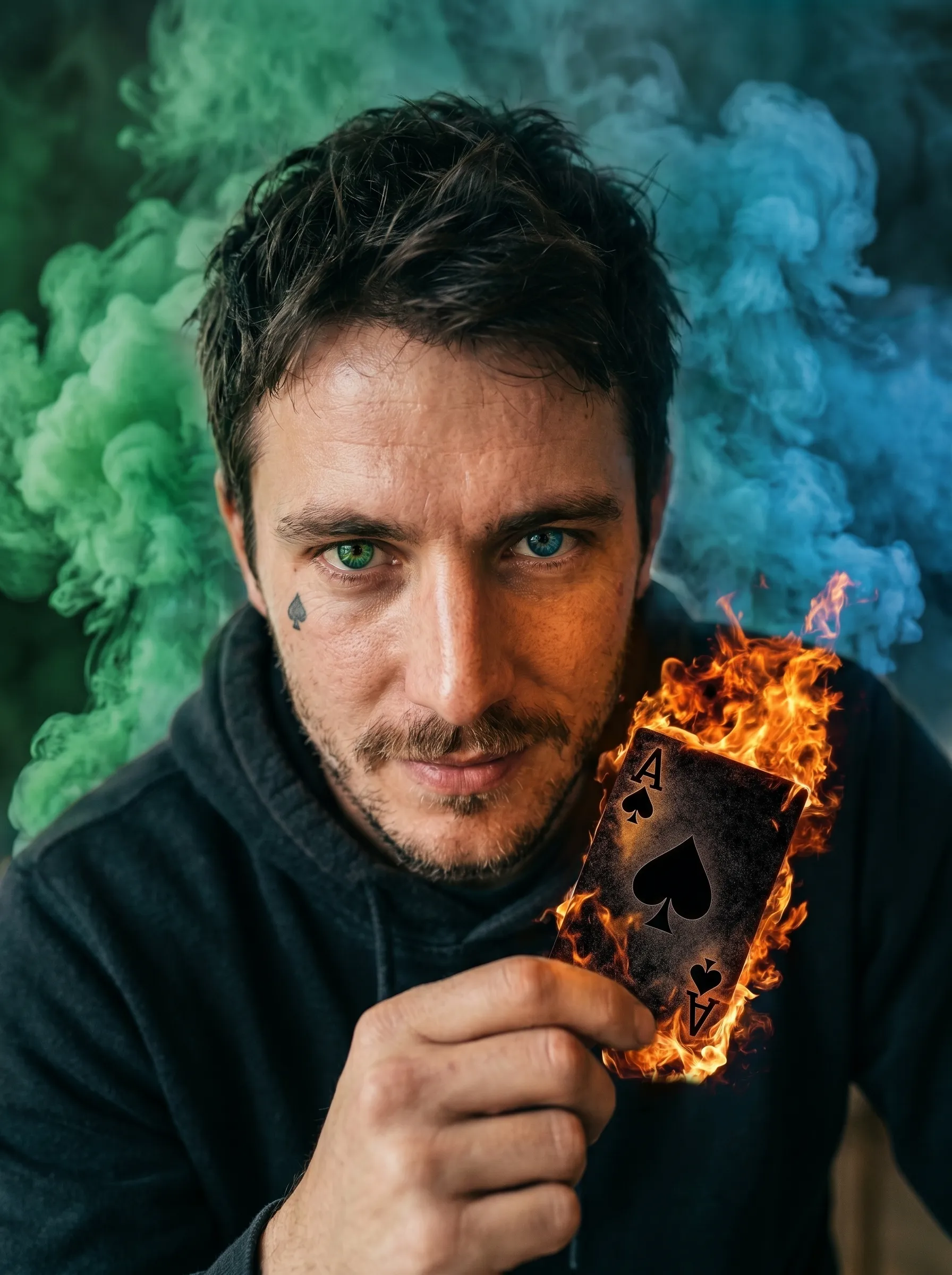 Moody portrait of a man with a small face tattoo and stubble holding a flaming Ace of Spades playing card while green and blue smoke swirls around his head