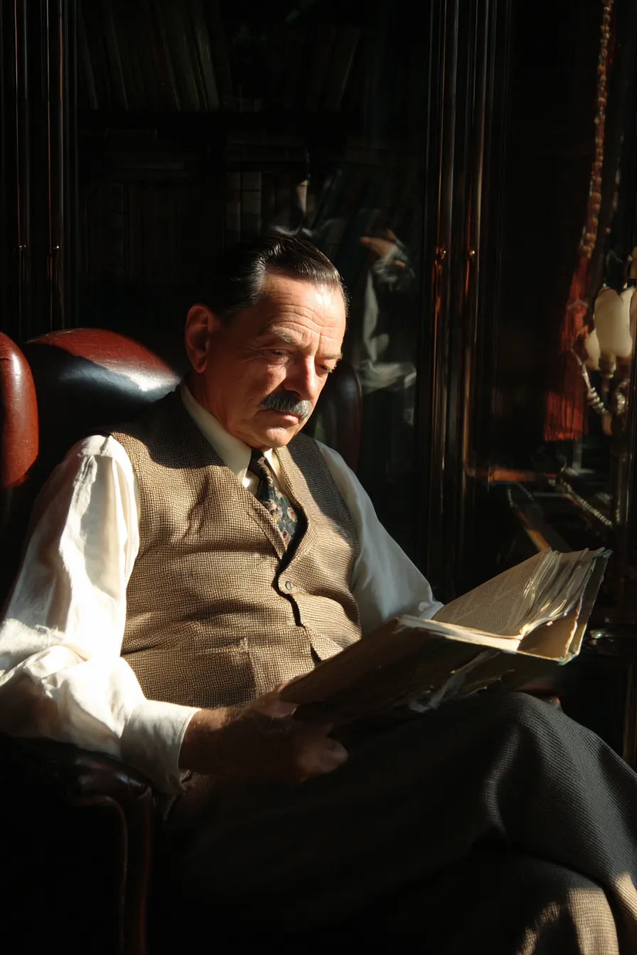 Moody candle-lit portrait of a 1950s Oxford University professor in a brown sweater vest reading a book by warm window sunlight in a dark leather library chair