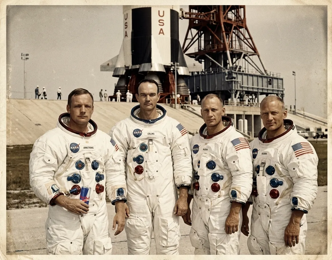 Vintage National Geographic style portrait of Neil Armstrong and the Apollo 11 crew in white space suits standing in front of the Saturn V rocket launch tower at Cape Canaveral