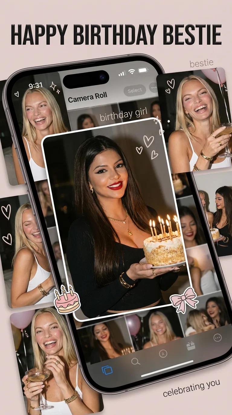HAPPY BIRTHDAY BESTIE digital greeting collage of polaroid-style iPhone selfies of two best friends around a central photo of a smiling brunette holding a lit birthday cake