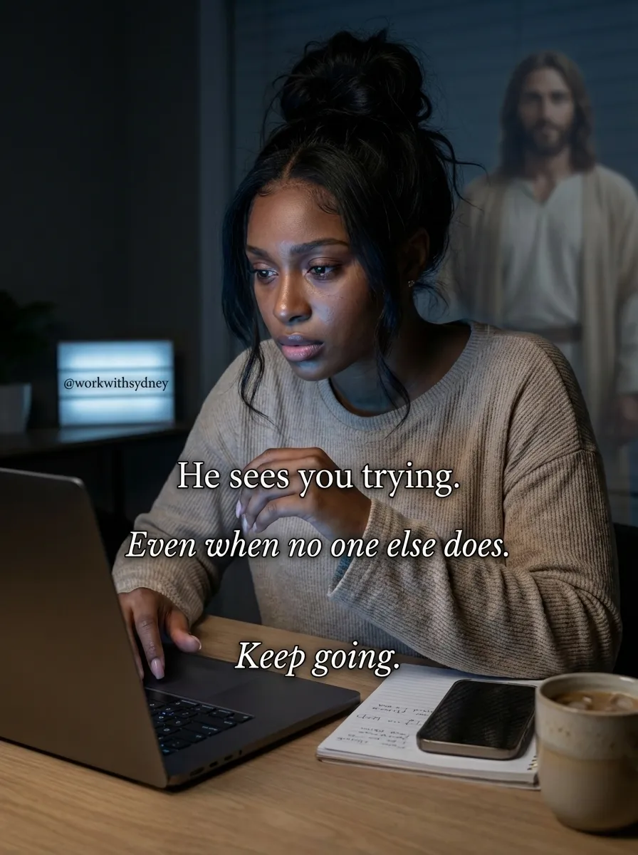 Inspirational AI image of a Black woman at a kitchen laptop with a ghostly translucent Jesus figure standing behind her, overlaid text reads He sees you trying. Even when no one else does. Keep going.