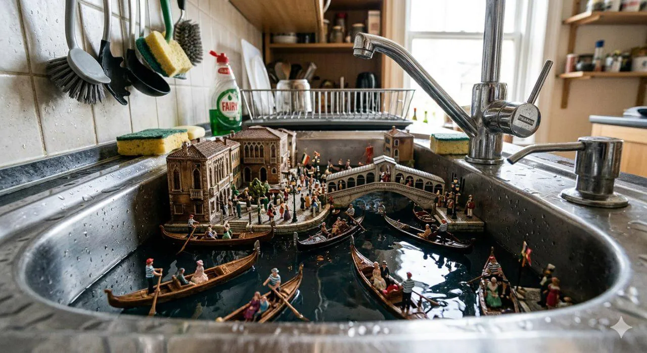 Miniature Venice scene built inside a stainless steel kitchen sink with hand-painted gondolas full of tiny tourists rowing through the basin water, Rialto Bridge replica and Fairy dish soap on the counter