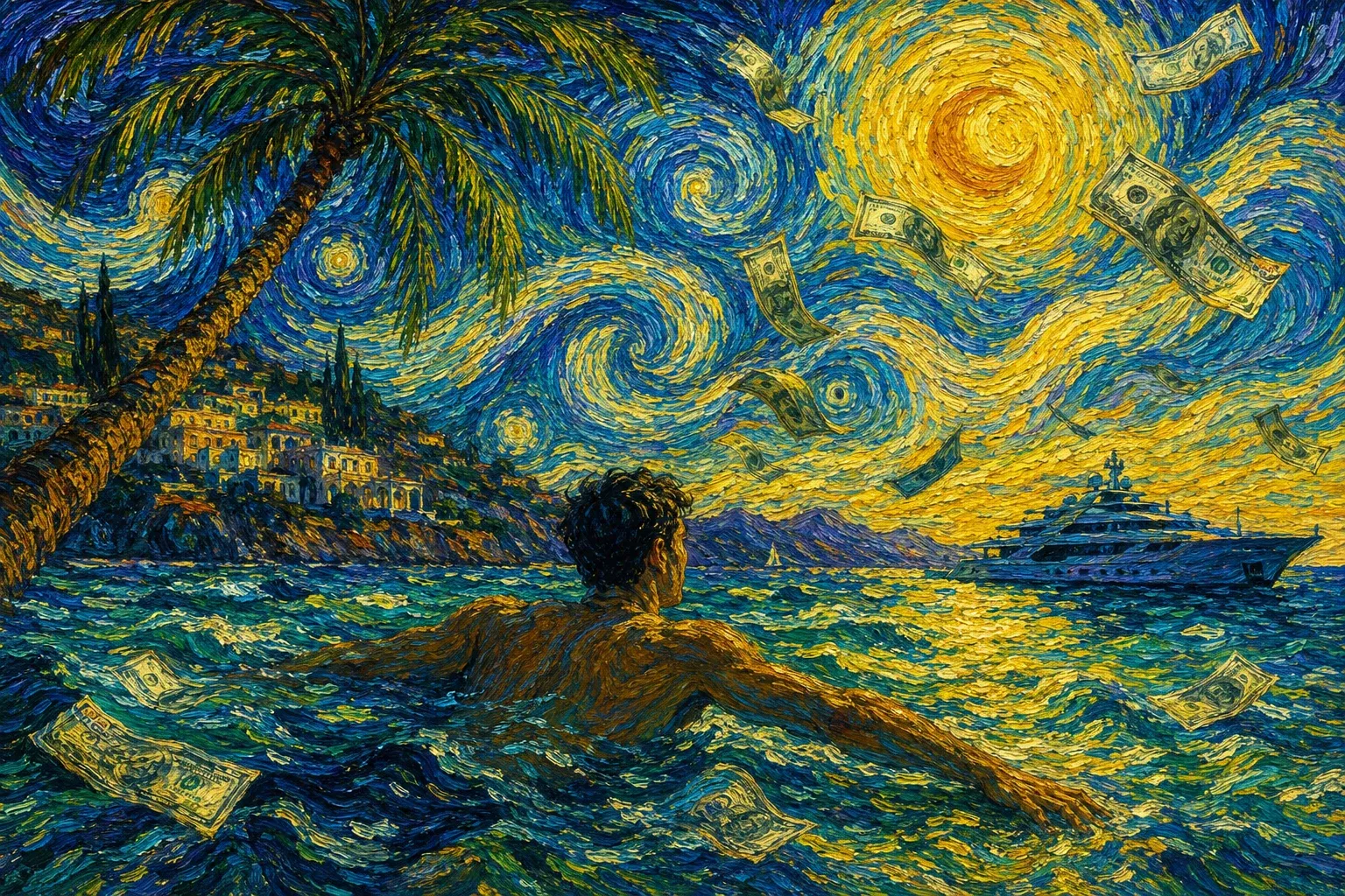Van Gogh-style oil painting of a swimmer in turquoise waves under a swirling yellow sun with dollar bills falling from the sky and a palm tree leaning over a Mediterranean village.