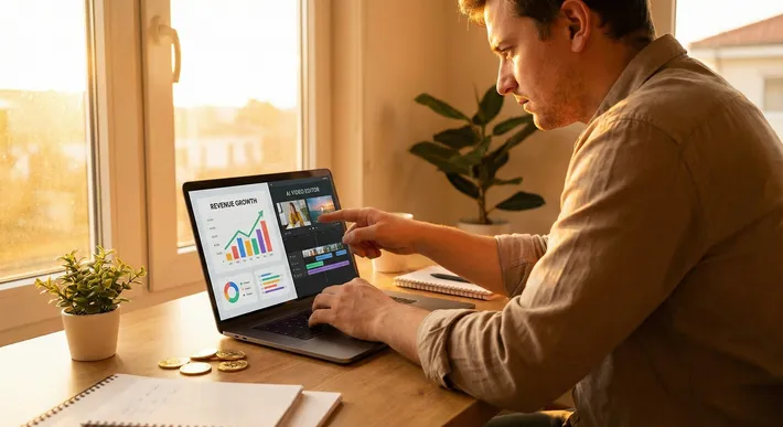 Creative entrepreneur at laptop showing revenue dashboard and AI video editing