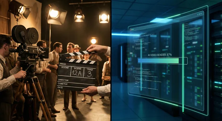 Split screen showing Hollywood movie set and AI video generation interface