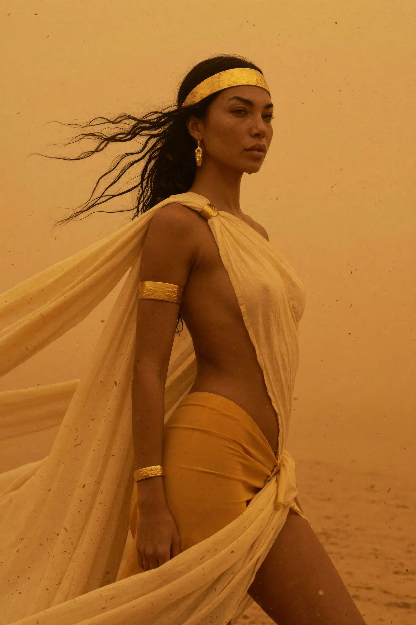 Photoreal portrait of a dark-haired woman in a flowing cream toga with gold cuffs and headband striding through a golden Saharan sandstorm, sand swirling around her hair and dress